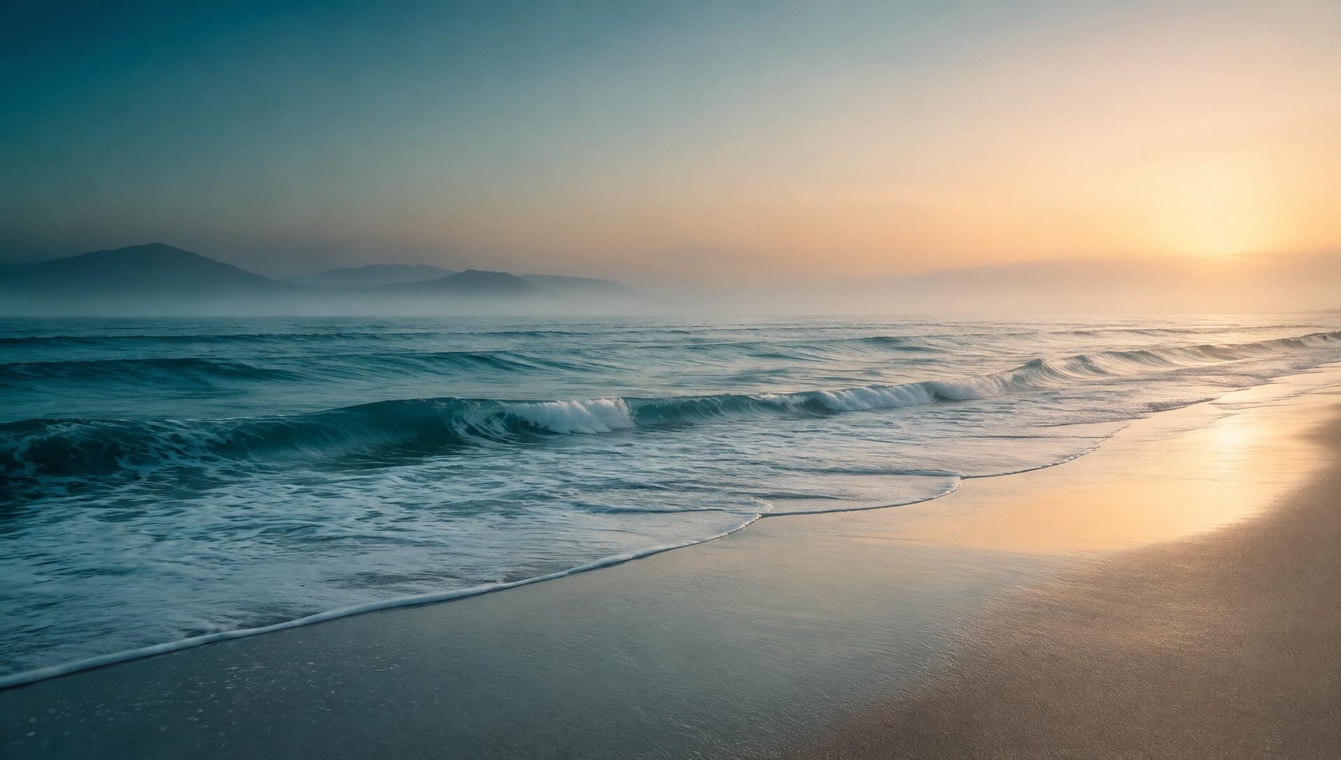 Calm ocean water meeting pale sand at dawn